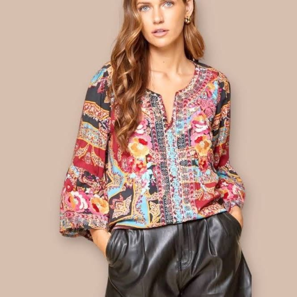 Savanna Jane floral embroidered paisley bell sleeve top
